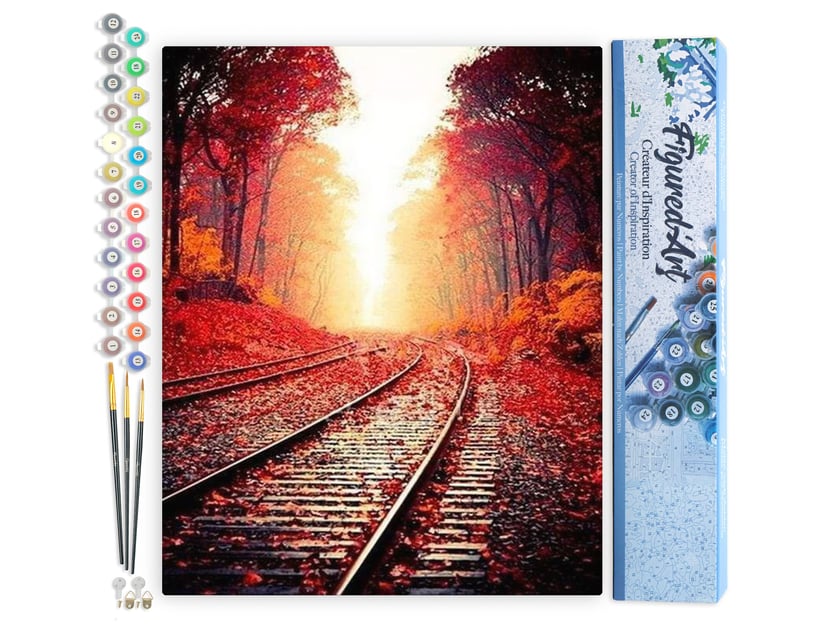 Peinture par Numéro Figured'Art - Les Rails en Automne - Kit de Loisir Créatif DIY Numéro d'Art Complet - 40x50cm sans châssis en bois