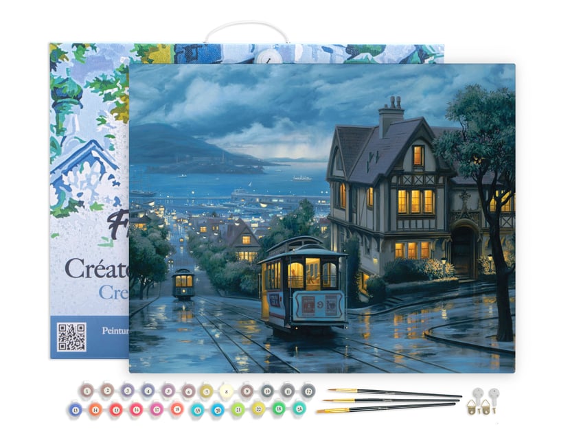 Peinture par Numéro Figured'Art avec Cadre - Tramway au crepuscule - Kit de Loisir Créatif DIY Numéro d'Art - 40x50cm toile tendue sur châssis