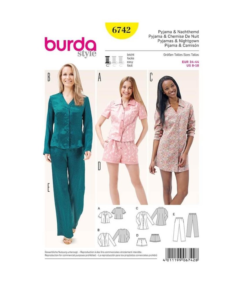 Patron Burda 6742 Pyjama et chemise de nuit Femme du 34 au 44