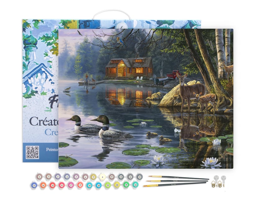 Peinture par Numéro Figured'Art avec Cadre - Chalet au bord du lac - Kit de Loisir Créatif DIY Numéro d'Art - 40x50cm toile tendue sur châssis