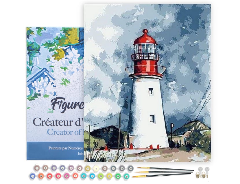 Peinture par Numéro Figured'Art avec Cadre - Phare sous un Ciel chargé - Kit de Loisir Créatif DIY Numéro d'Art - 40x50cm toile tendue sur châssis