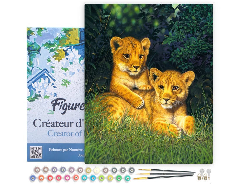 Peinture par Numéro Figured'Art avec Cadre - Lionceaux - Kit de Loisir Créatif DIY Numéro d'Art Complet - 40x50cm toile tendue sur châssis