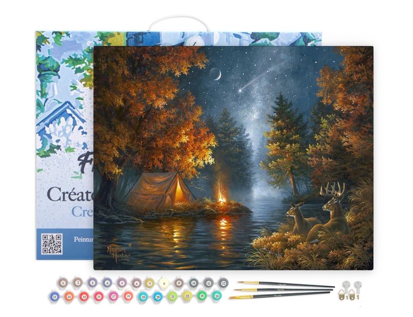 Peinture par Numéro Figured'Art avec Cadre - Camping sous une nuit etoilée - Kit de Loisir Créatif Numéro d'Art - 40x50cm toile tendue sur châssis