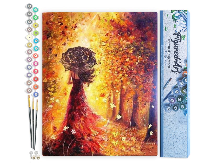 Peinture par Numéro Figured'Art - Forêt d'Automne et Femme au Parapluie - Kit de Loisir Créatif DIY Numéro d'Art - 40x50cm sans châssis en bois
