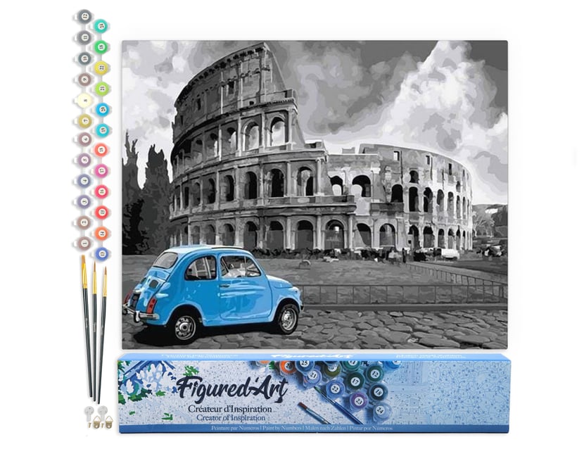 Peinture par Numéro Figured'Art - Colisée Fiat Bleue - Kit de Loisir Créatif DIY Numéro d'Art Complet - 40x50cm sans châssis en bois