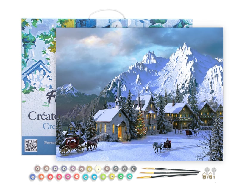 Peinture par Numéro Figured'Art avec Cadre - Noël dans les Alpes - Kit de Loisir Créatif DIY Numéro d'Art Complet - 40x50cm toile tendue sur châssis