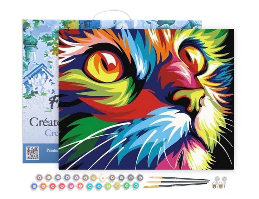 Peinture par Numéro Figured'Art avec Cadre - Félin Pop Art - Kit de Loisir Créatif DIY Numéro d'Art Complet - 40x50cm toile tendue sur châssis
