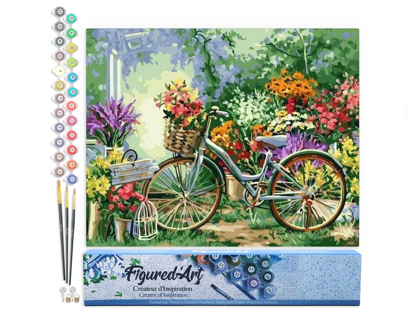 Peinture par Numéro Figured'Art - Fleurs et Vélos - Kit de Loisir Créatif DIY Numéro d'Art Complet - 40x50cm sans châssis en bois
