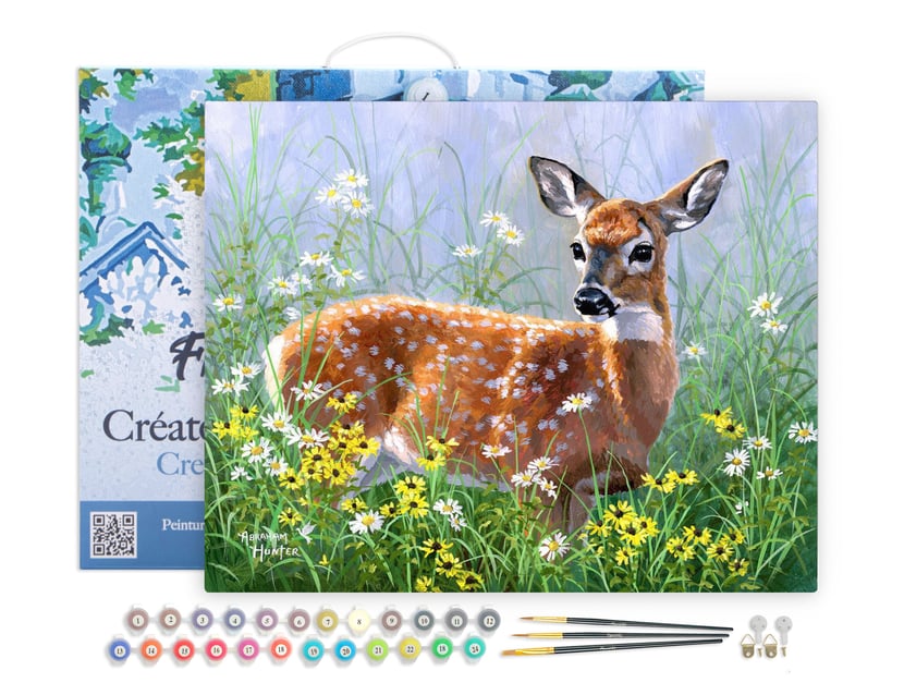 Peinture par Numéro Figured'Art avec Cadre - Biche dans la prairie - Kit de Loisir Créatif DIY Numéro d'Art - 40x50cm toile tendue sur châssis