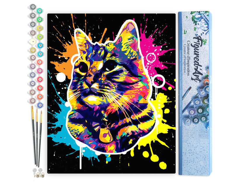 Peinture par Numéro Figured'Art - Chat Splash Pop Art - Kit de Loisir Créatif DIY Numéro d'Art Complet - 40x50cm sans châssis en bois