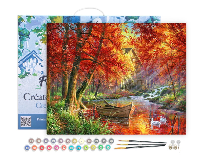Peinture par Numéro Figured'Art avec Cadre - Rivière d'automne et barque - Kit de Loisir Créatif DIY Numéro d'Art - 40x50cm toile tendue sur châssis