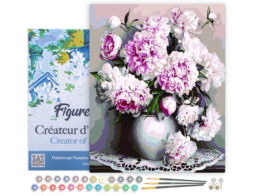 Peinture par Numéro Figured'Art avec Cadre - Vase de Pivoines - Kit de Loisir Créatif DIY Numéro d'Art Complet - 40x50cm toile tendue sur châssis