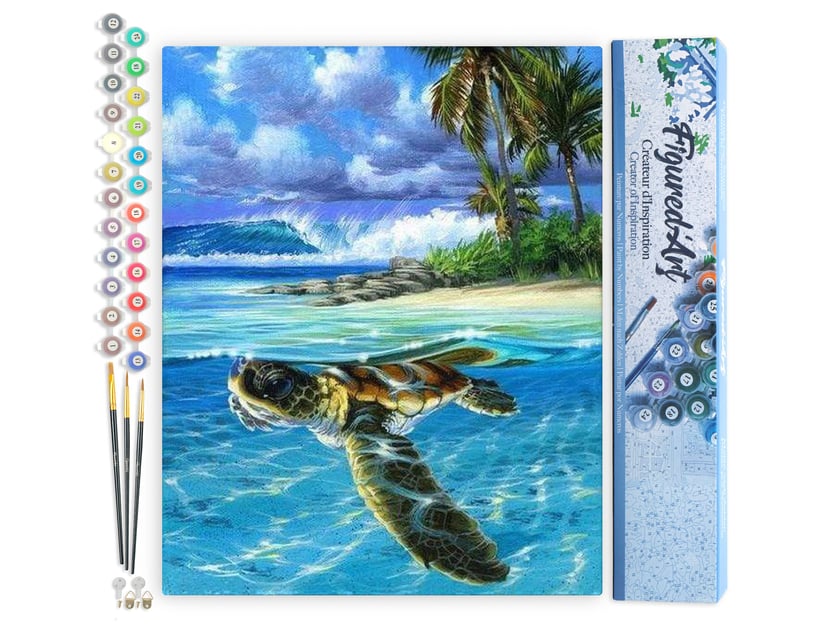 Peinture par Numéro Figured'Art - Tortue détendue - Kit de Loisir Créatif DIY Numéro d'Art Complet - 40x50cm sans châssis en bois