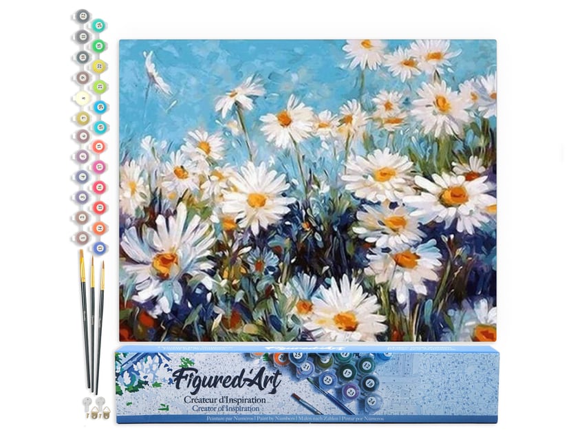 Peinture par Numéro Figured'Art - Champ de Marguerites et Ciel bleu - Kit de Loisir Créatif DIY Numéro d'Art Complet - 40x50cm sans châssis en bois