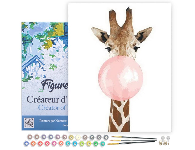 Peinture par Numéro Figured'Art avec Cadre - Girafe et Chewing gum - Kit de Loisir Créatif DIY Numéro d'Art - 40x50cm toile tendue sur châssis