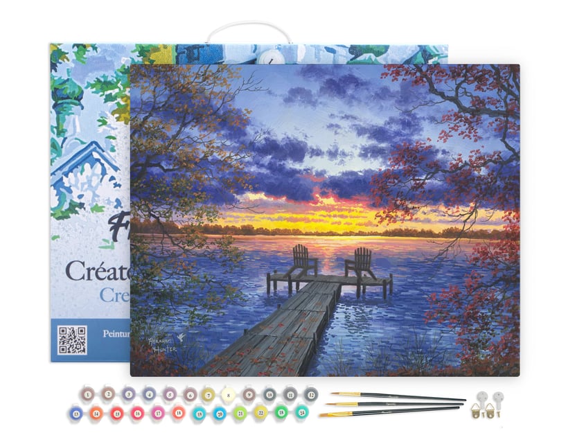 Peinture par Numéro Figured'Art avec Cadre - Ponton au coucher de soleil - Kit de Loisir Créatif DIY Numéro d'Art - 40x50cm toile tendue sur châssis