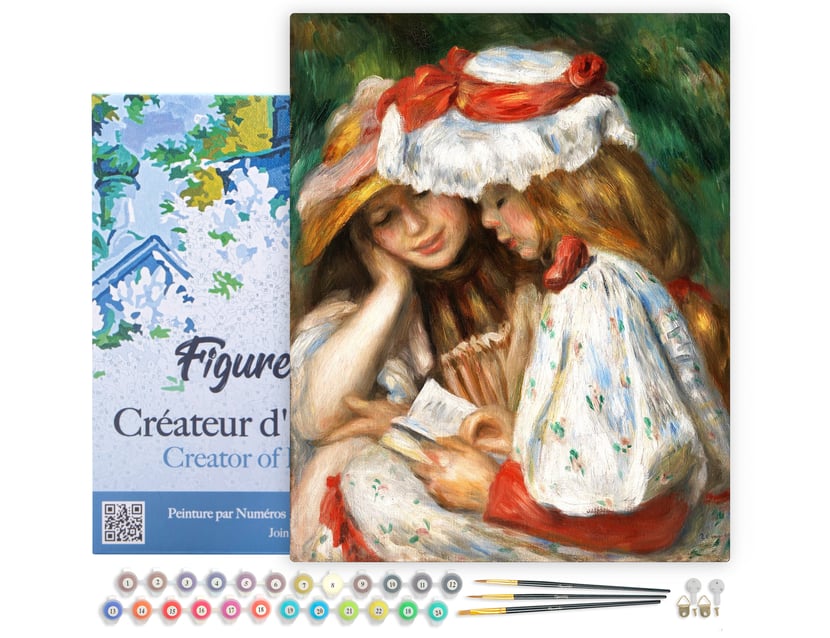 Peinture par Numéro Figured'Art avec Cadre - Jeunes Filles Lisant - Renoir - Kit de Loisir Créatif Numéro d'Art - 40x50cm toile tendue sur châssis