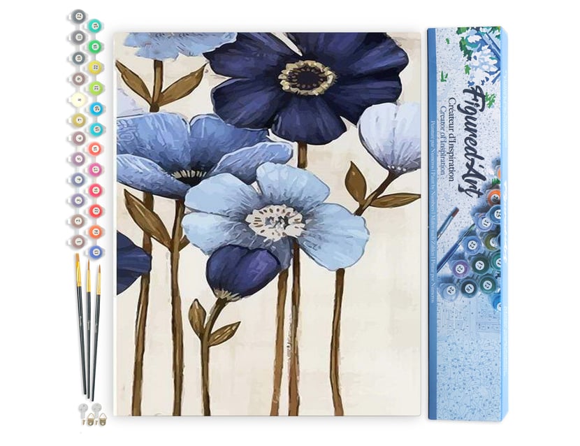 Peinture par Numéro Figured'Art - Fleurs bleues - Kit de Loisir Créatif DIY Numéro d'Art Complet - 40x50cm sans châssis en bois