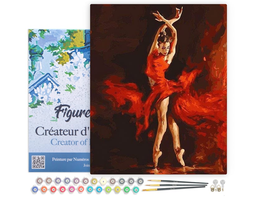 Peinture par Numéro Figured'Art avec Cadre - Danseuse Rouge Magique - Kit de Loisir Créatif DIY Numéro d'Art - 40x50cm toile tendue sur châssis