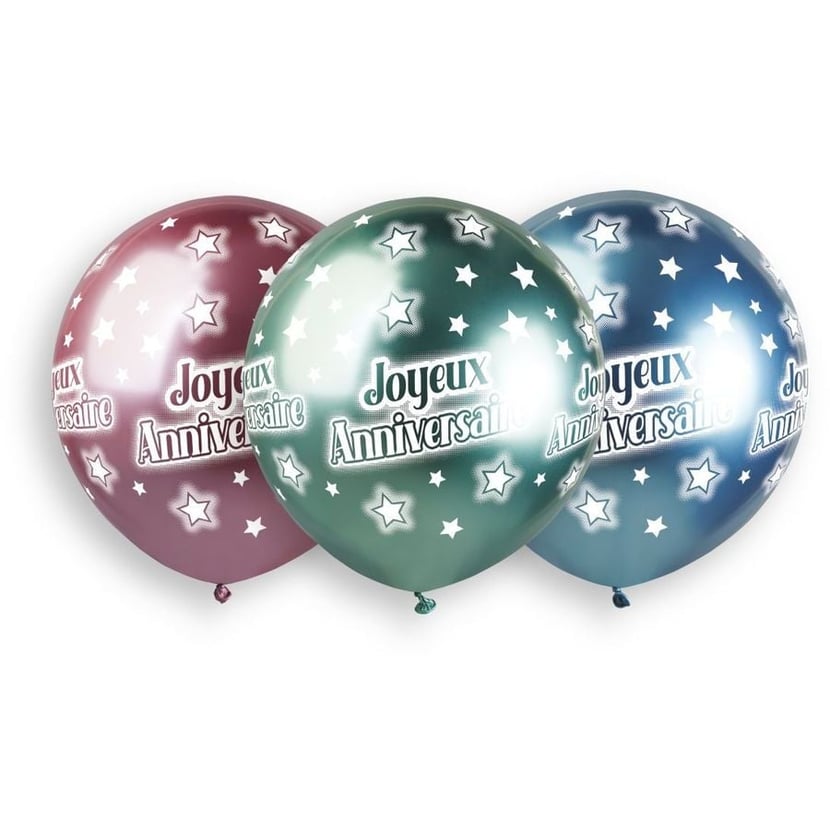 3 Ballons Joyeux Anniversaire Chromé Ø48cm