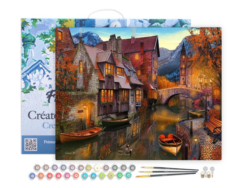 Peinture par Numéro Figured'Art avec Cadre - Canaux chaleureux - Kit de Loisir Créatif DIY Numéro d'Art Complet - 40x50cm toile tendue sur châssis