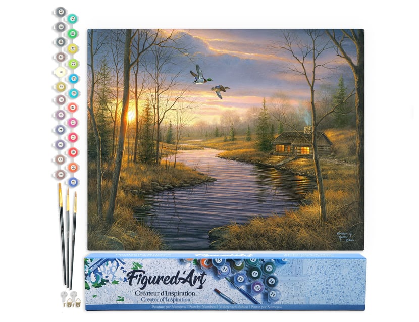 Peinture par Numéro Figured'Art - Maison de campagne au crepuscule - Kit de Loisir Créatif DIY Numéro d'Art Complet - 40x50cm sans châssis en bois