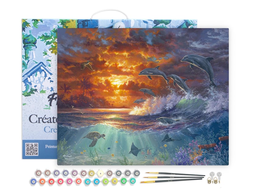 Peinture par Numéro Figured'Art avec Cadre - Océan et coucher de soleil - Kit de Loisir Créatif DIY Numéro d'Art - 40x50cm toile tendue sur châssis
