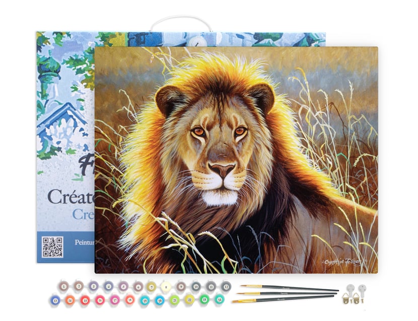 Peinture par Numéro Figured'Art avec Cadre - Lion dans la savane - Kit de Loisir Créatif DIY Numéro d'Art Complet - 40x50cm toile tendue sur châssis