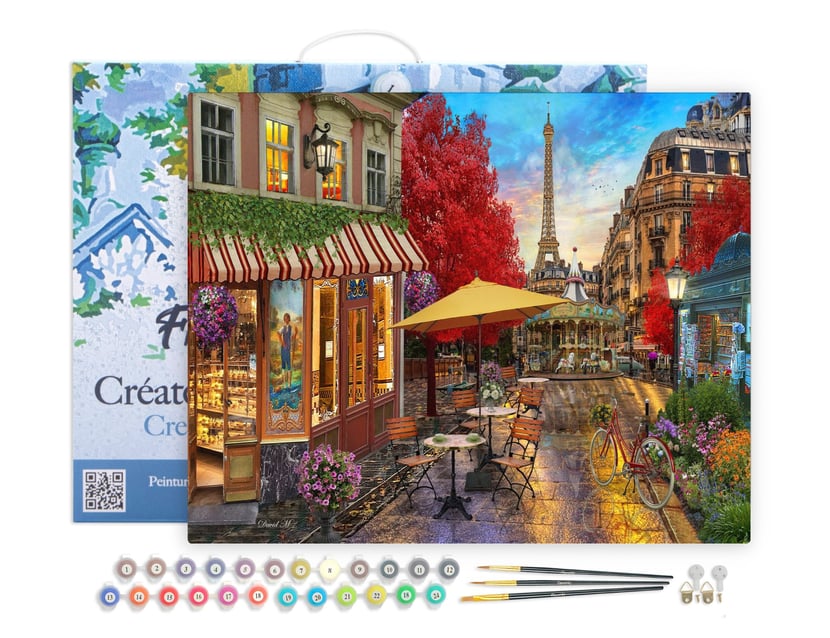 Peinture par Numéro Figured'Art avec Cadre - Terrasse à Paris - Kit de Loisir Créatif DIY Numéro d'Art Complet - 40x50cm toile tendue sur châssis