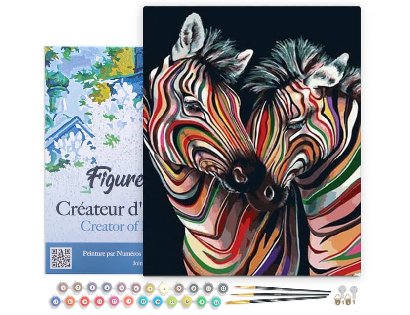 Peinture par Numéro Figured'Art avec Cadre - Couple de Zèbres colorés - Kit de Loisir Créatif DIY Numéro d'Art - 40x50cm toile tendue sur châssis