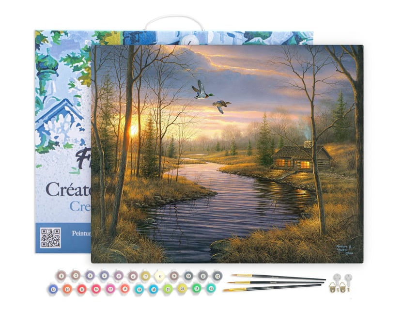 Peinture par Numéro Figured'Art avec Cadre - Maison de campagne au crepuscule - Kit de Loisir Créatif Numéro d'Art - 40x50cm toile tendue sur châssis