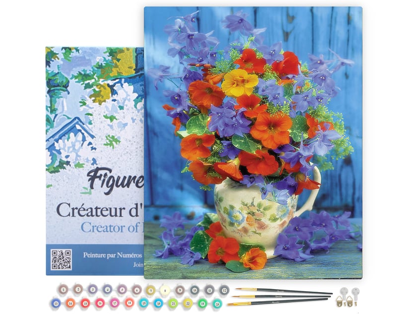 Peinture par Numéro Figured'Art avec Cadre - Bouquet orange et violet - Kit de Loisir Créatif DIY Numéro d'Art - 40x50cm toile tendue sur châssis