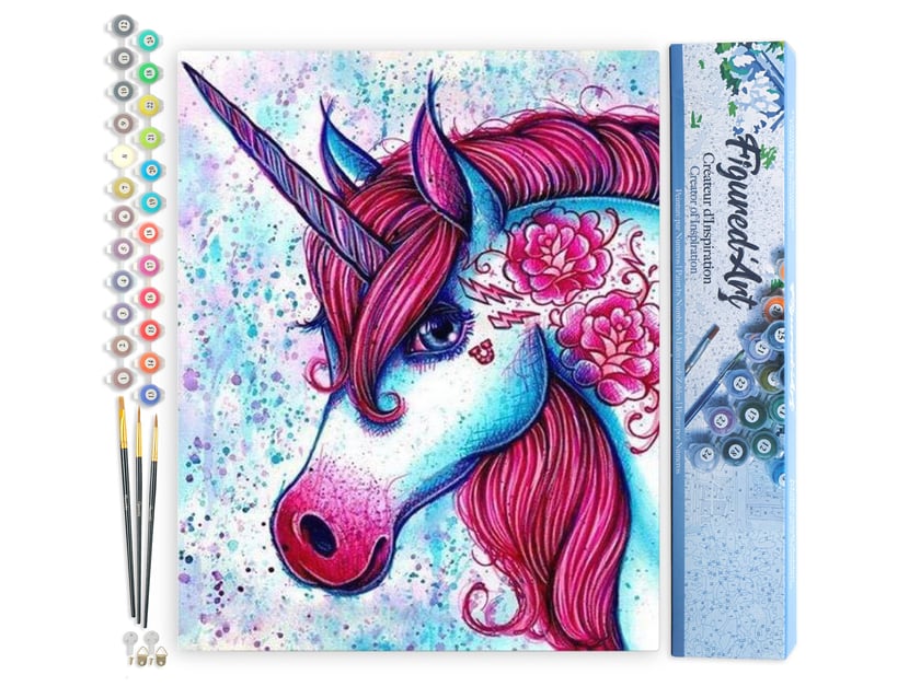 Peinture par Numéro Figured'Art - Licorne rouge et bleu - Kit de Loisir Créatif DIY Numéro d'Art Complet - 40x50cm sans châssis en bois