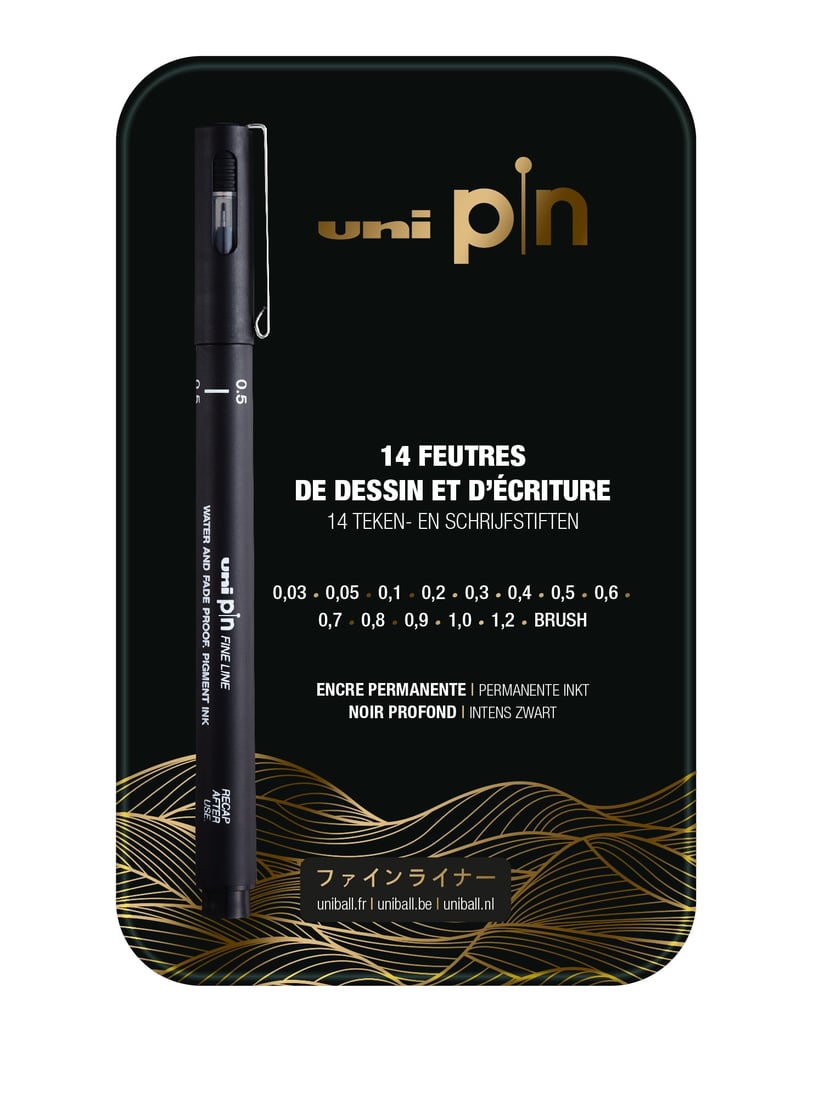 Boîte de 14 feutres techniques Uni Pin - Noir profond - Fine line