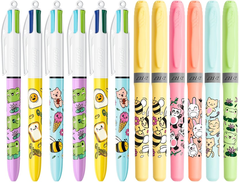 Stylos 4 couleurs BIC - Série Kawaï - Pointe moyenne + Surligneurs BIC - BIC Highlighter -Décor Kawaï - Pointe biseauté