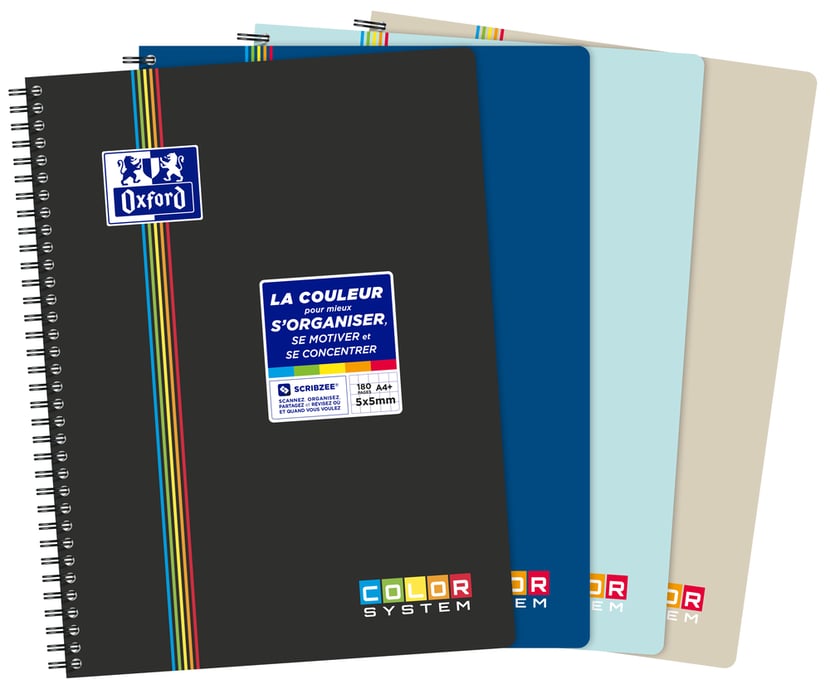 Cahier Oxford - Noir, Bleu, Turquoise, Sable - A4+ 23,5 x 29.8 cm - Color  System - 180 pages petits carreaux quadrillé 5/5 - Copies - Feuilles