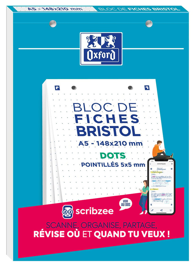 Bloc fiche Bristol - Format A5 - 30 feuilles - Oxford - Pointillés 5 x 5 mm  - blanc - Fiche Bristol - Copies - Feuilles
