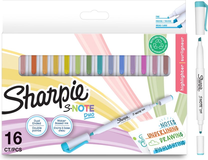 16 stylos marqueurs surligneurs - couleurs pastels - S-Note Duo