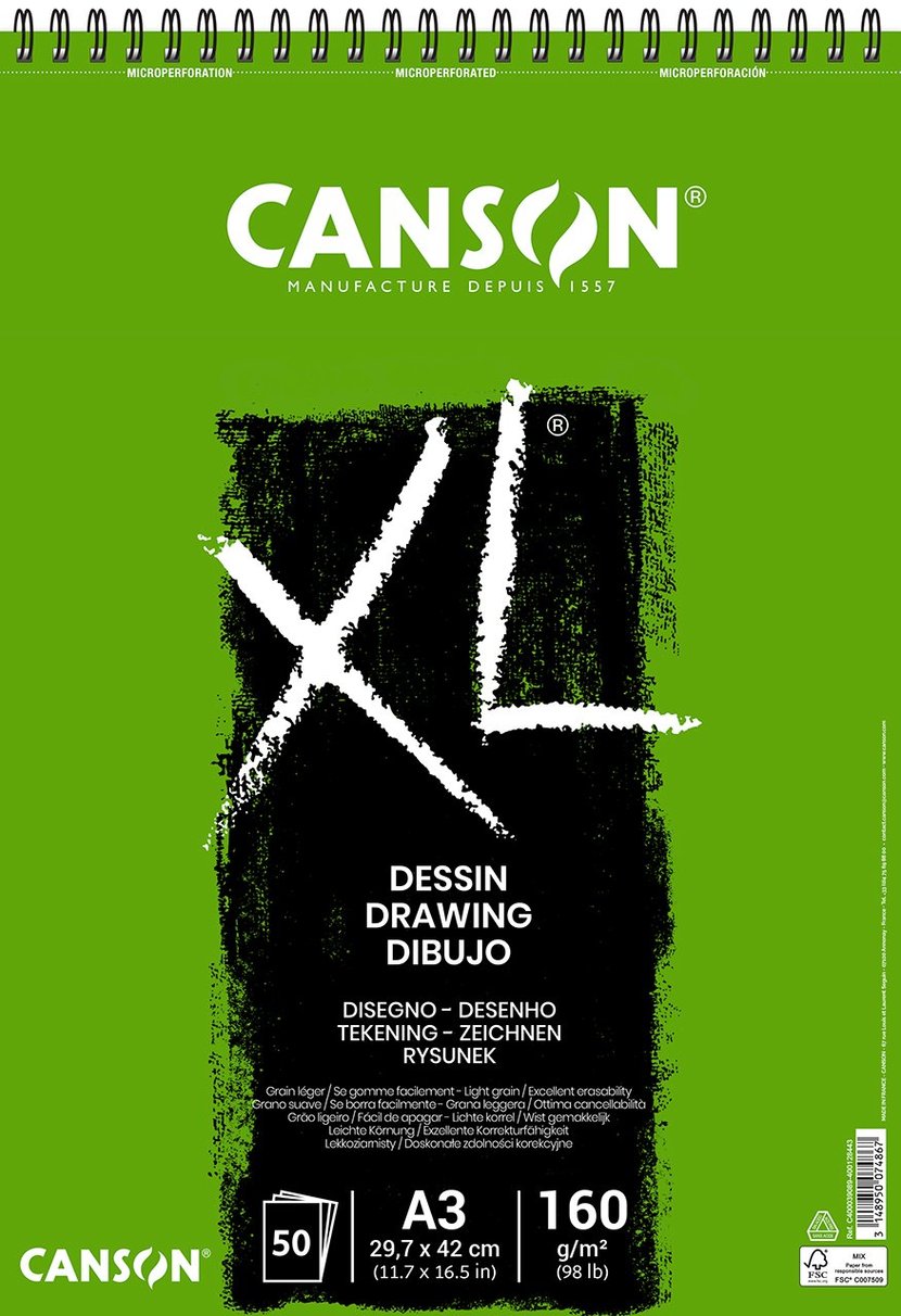 CANSON XL Drawing - Album à côté court - reliure à anneaux métalliques - A3  - 50 feuilles - blanc naturel - Papier de Dessin Esquisse et Pastel -  Dessin - Pastel
