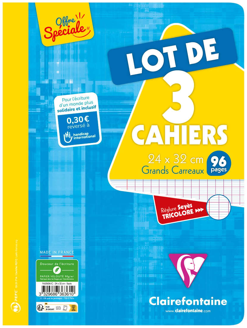 1 lot de 3 cahiers piqués - 24x32 cm - Clairefontaine - 96 pages grands  carreaux - Modèles assortis - Cahiers - Carnets - Blocs notes - Répertoires