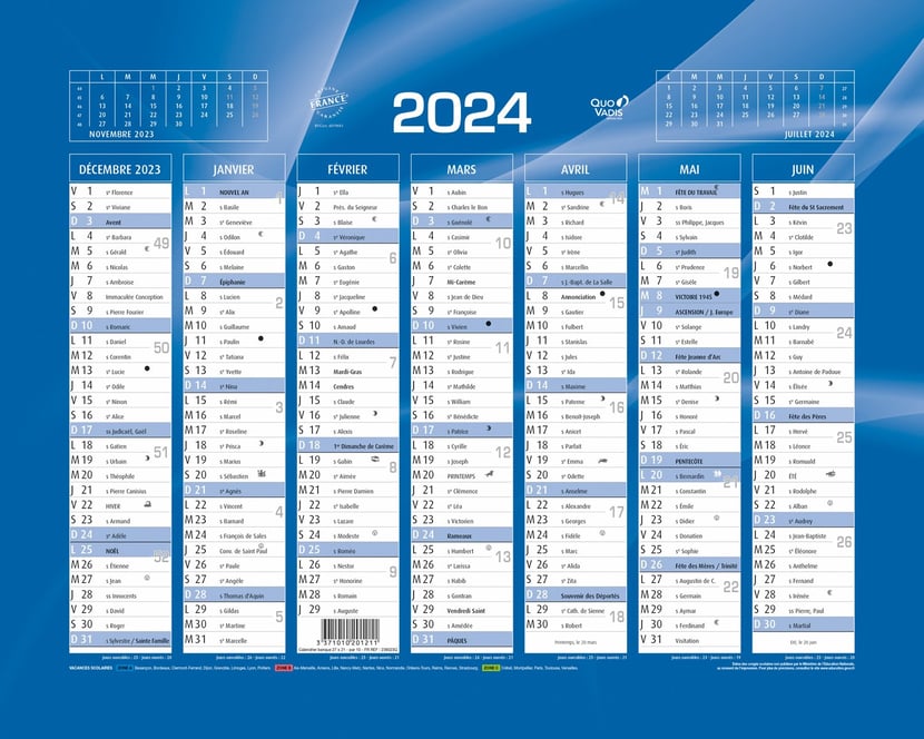 Calendrier de banque 2023/2024 Quo Vadis - 14 mois - Bleu - 27 x 21 cm -  Agendas Civil - Agendas - Calendriers