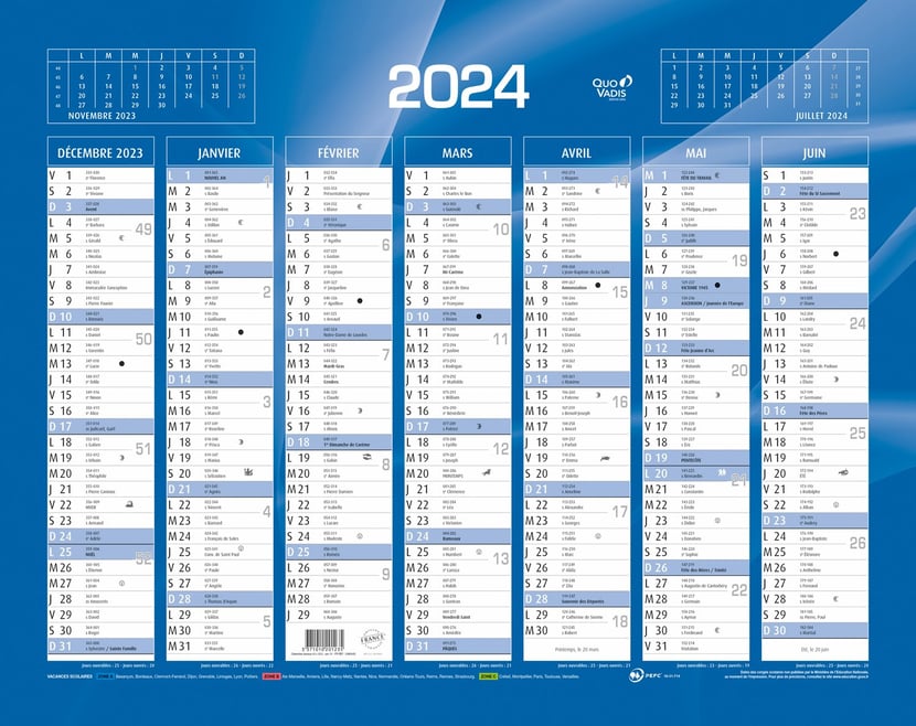 Calendrier de banque 2023/2024 Quo Vadis - 14 mois - Bleu - 43 x 33,5 cm -  Agendas Civil - Agendas - Calendriers