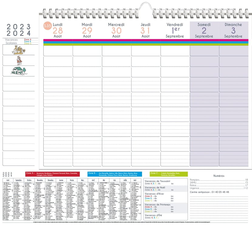 Calendrier Scolaire Hebdomadaire 2023/2024 - Family Planner