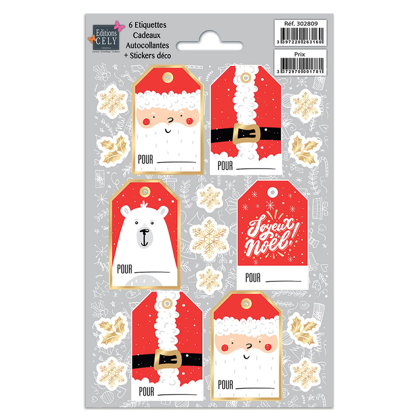6 Etiquettes cadeaux autocollantes - Noël + petits stickers décoratifs -  Etiquettes - Emballage cadeau