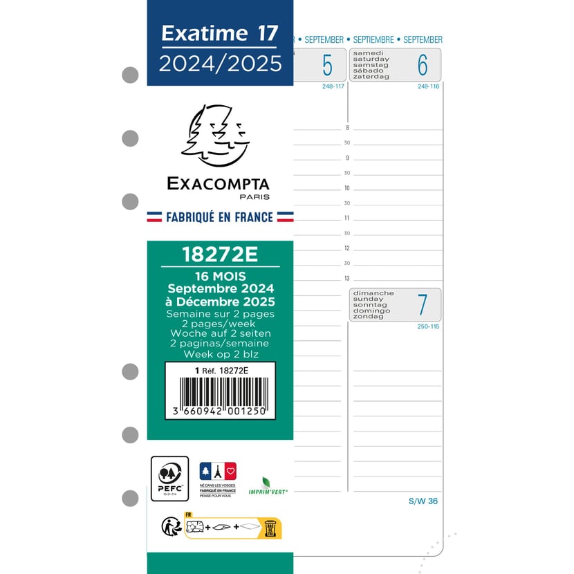 Agenda Exacompta - Recharge Exatime 21 - Semainier millésimé - Janvier à  Décembre 2024