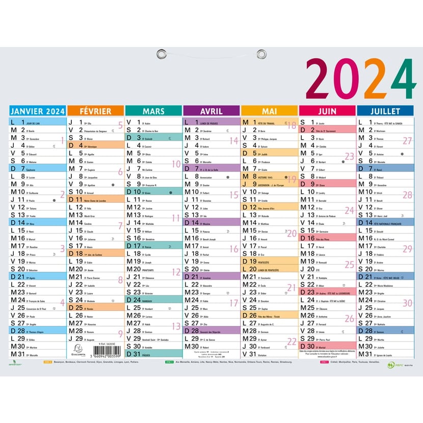 Calendrier 2024 à imprimer : jours fériés, vacances, numéros de