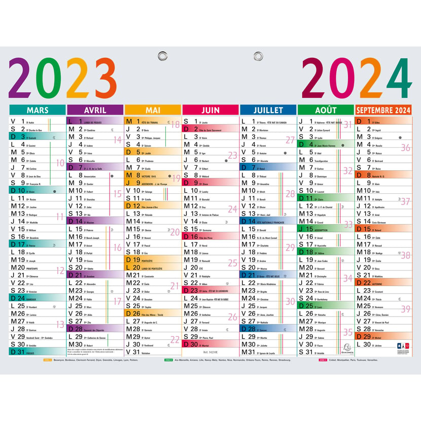 Calendrier scolaire 2023/2024 - 13 mois - 43 x 33,5 cm - Exacompta