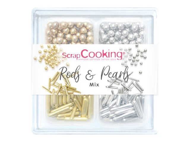 ScrapCooking Rods & Pearls Mix - Paillettes de sucre - 4 boîtes - argent, or  - 66 g - Décoration de Gâteau Comestible - Décorations de gâteaux