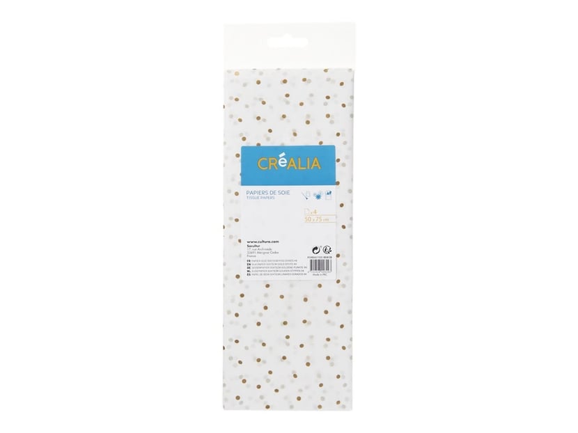 Créalia - Papier de soie - 500 x 750 mm - 4 feuilles - blanc avec points  dorés - Papier de soie - Papiers créatifs