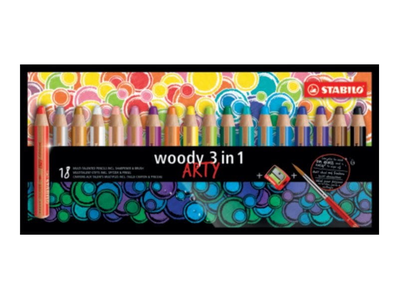 Woody 3in1 crayon de couleur - Etui de 18 crayons (dont 6 pastel) + taille- crayon + pinceau rond sur